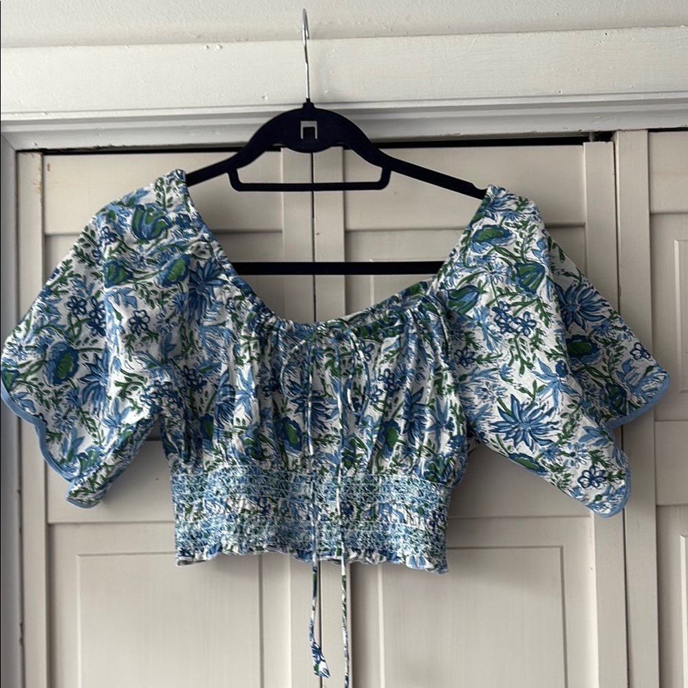 Floral Smocked Crop Blouse - Blue & Green